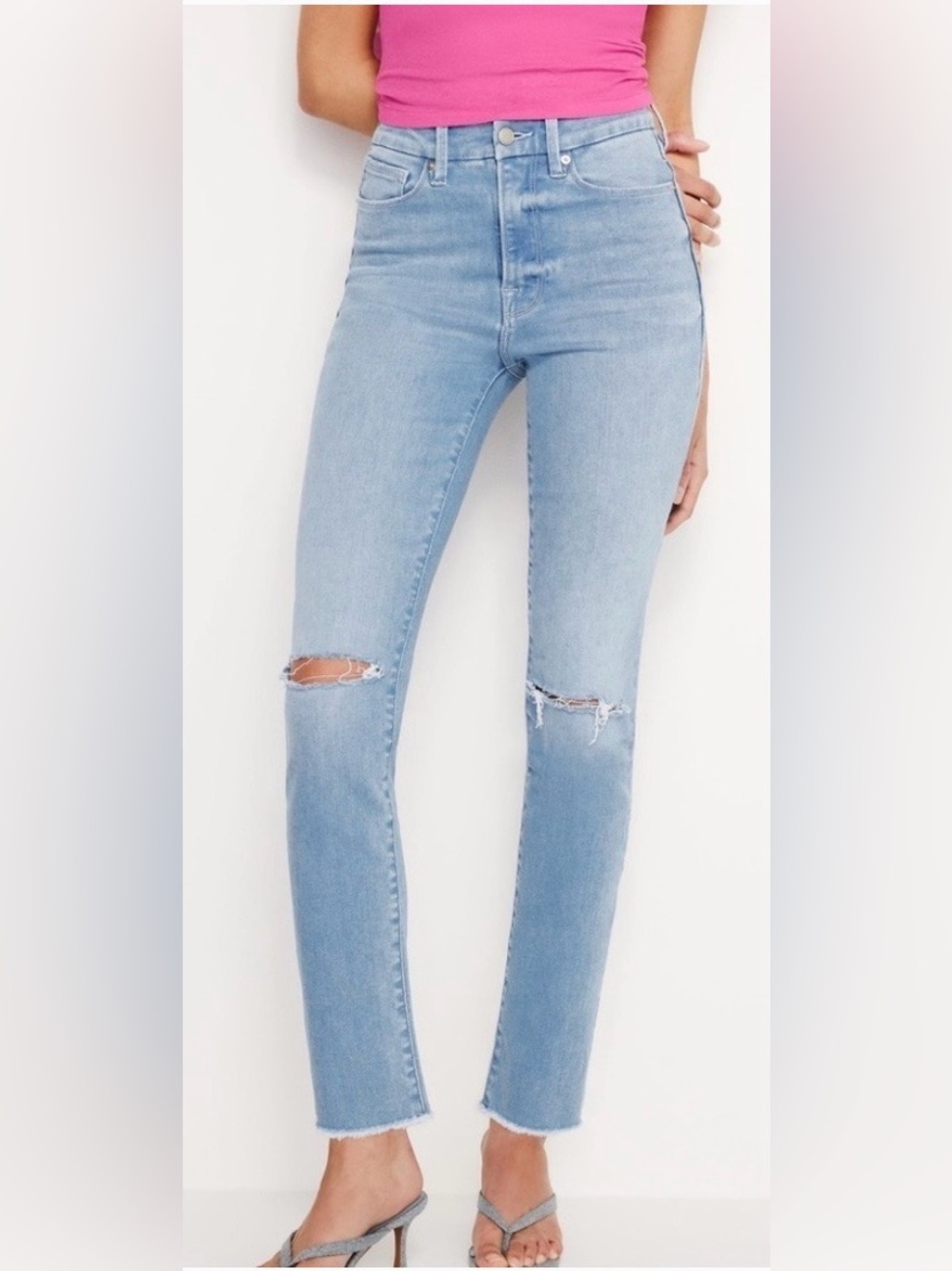 Good American Distressed Light Wash Slim Straight Jeans size 6/28